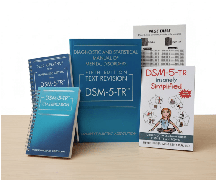 DSM-5-TR mental health books and guides including Diagnostic Manual, Classification, and Simplified reference on wooden table