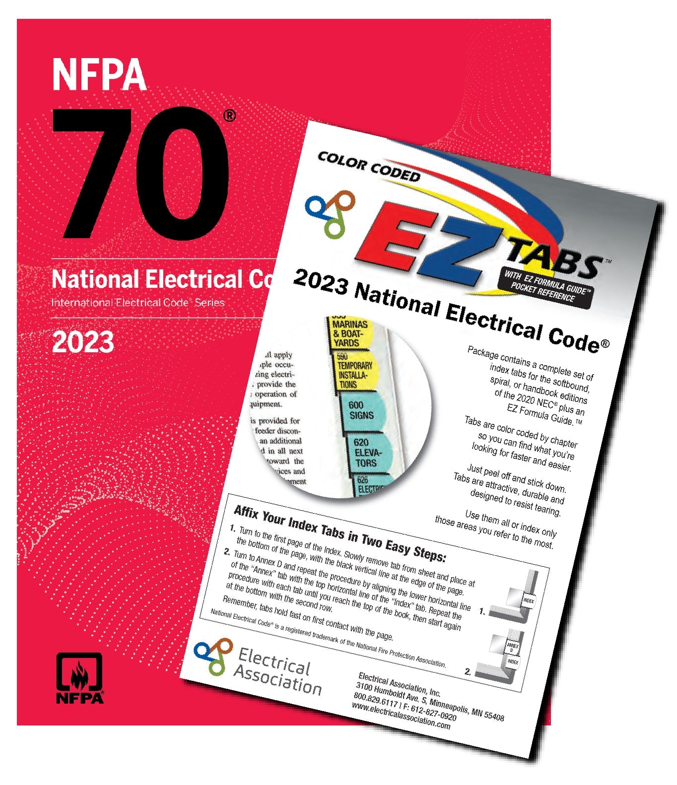 2023 NFPA 70 National Electrical Code book with EZ color-coded index tabs by Electrical Association