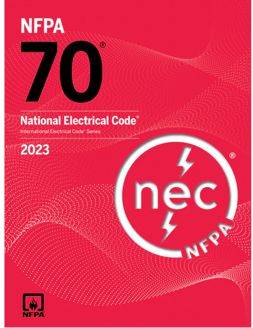 Cover of NFPA 70 National Electrical Code 2023 book with red background and white NEC logo