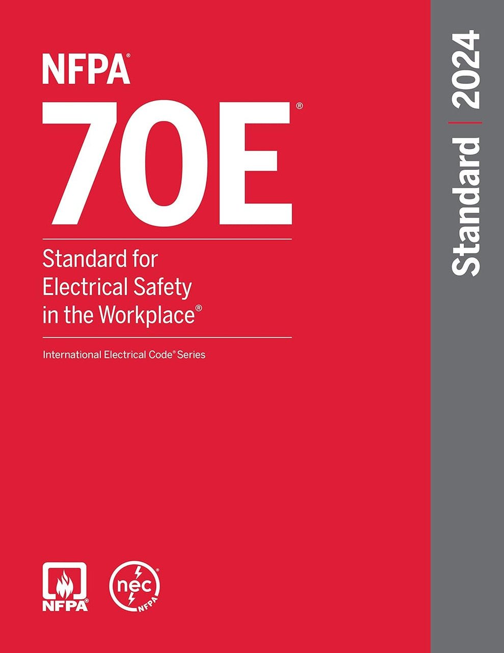 Cover of NFPA 70E 2024 standard for electrical safety in the workplace book in red and gray