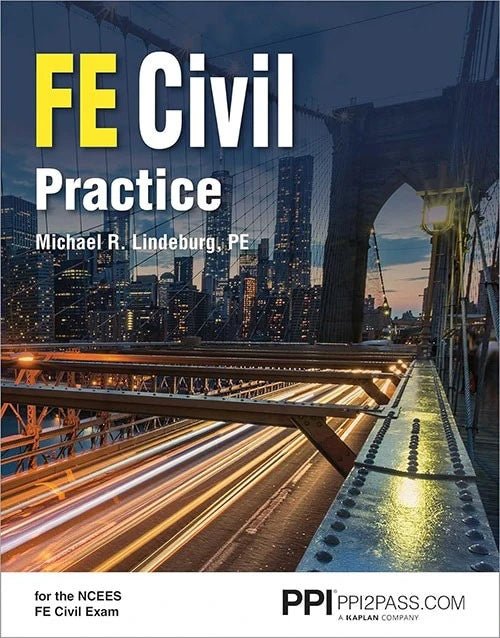 FE Civil Practice book cover by Michael R. Lindeburg with city skyline and bridge at dusk for NCEES FE Civil Exam