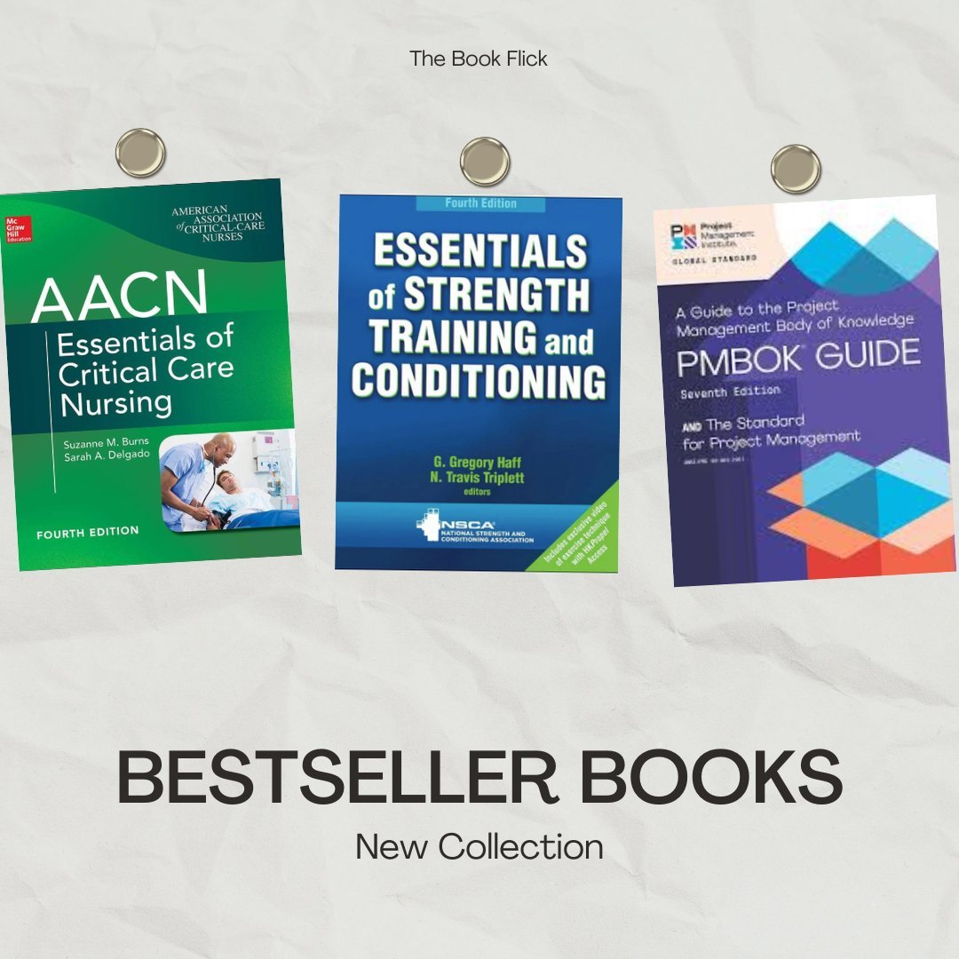 Three bestseller books pinned on a board: Critical Care Nursing, Strength Training, and PMBOK Guide Project Management