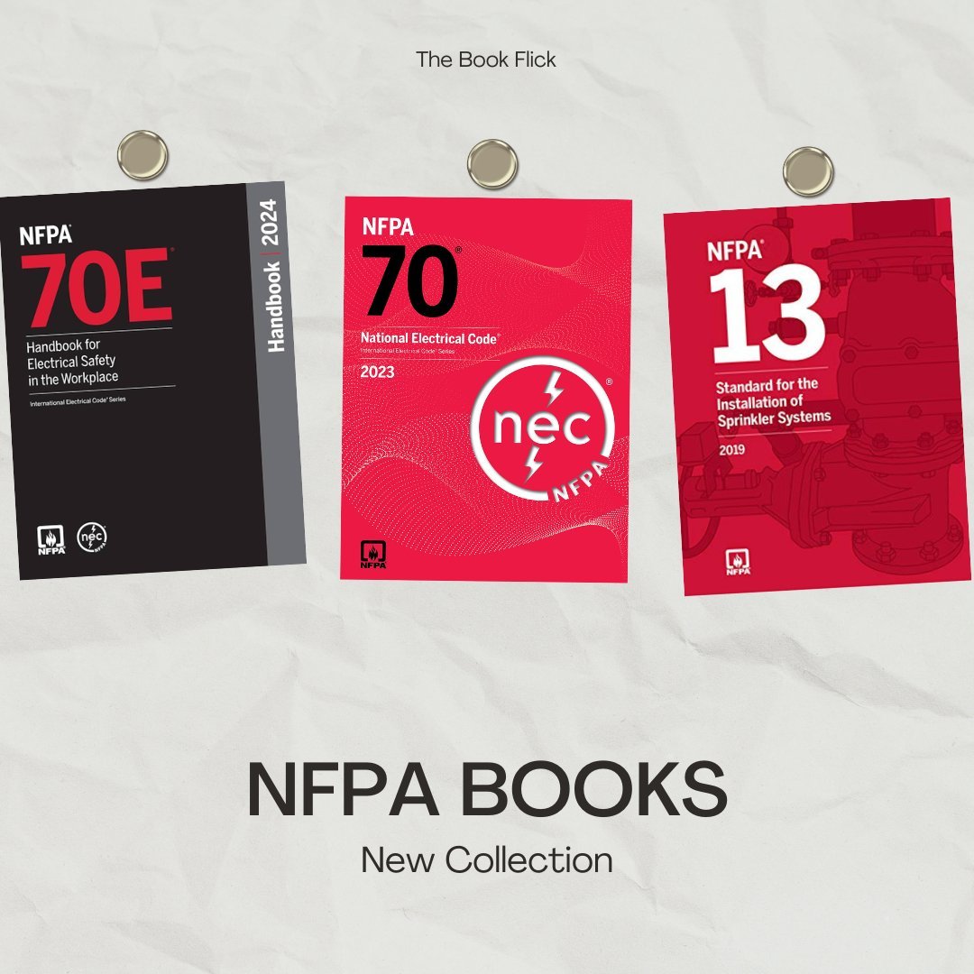 Three NFPA 2024 handbooks hanging: 70E Electrical Safety, 70 National Electrical Code 2023, and 13 Sprinkler Systems 2019