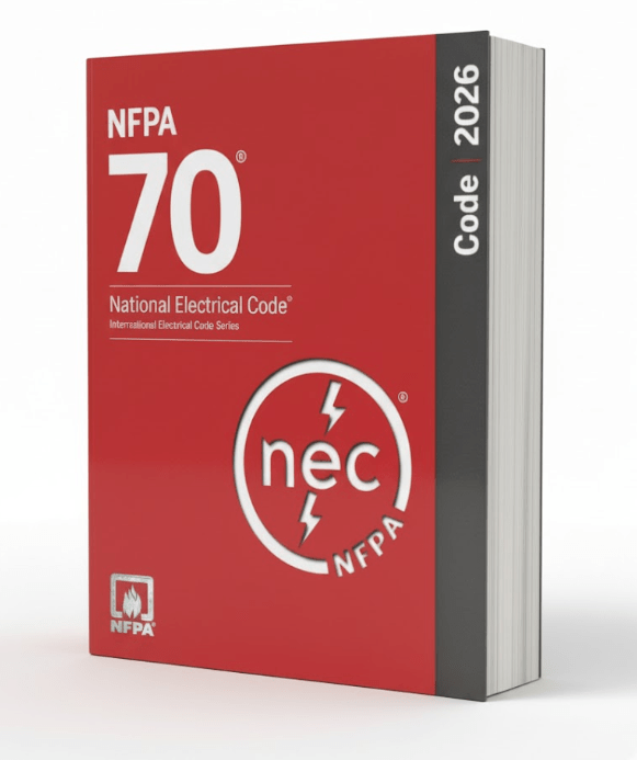 2026 NFPA 70 National Electrical Code book with red cover and NFPA logo