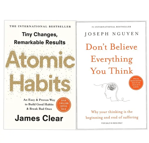 Cover of bestselling self-help books Atomic Habits by James Clear and Don't Believe Everything You Think by Joseph Nguyen