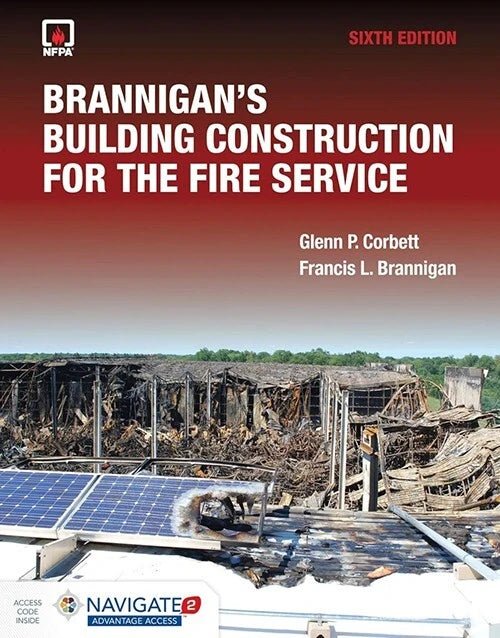 Book cover of Brannigan's Building Construction for the Fire Service 6th Edition by Corbett and Brannigan with fire-damaged building image