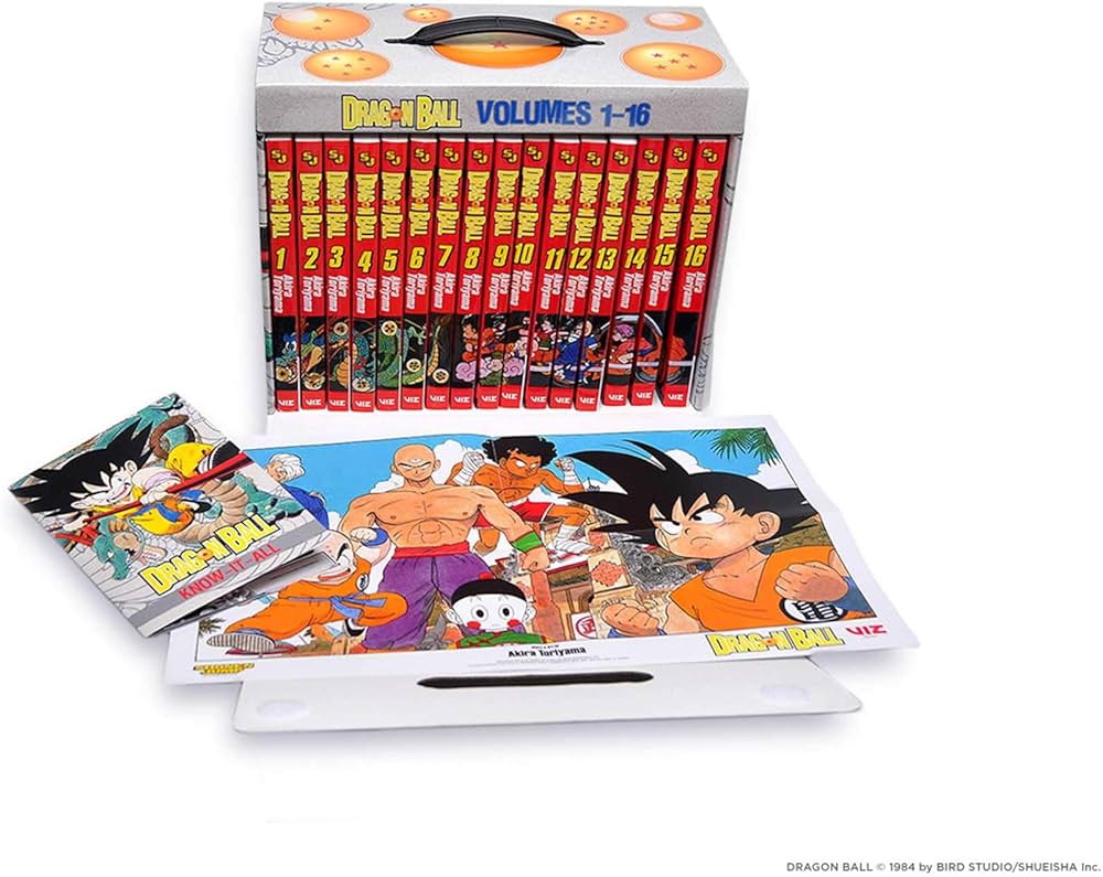 Dragon Ball manga complete box set volumes 1-16 with illustrated poster and booklet on white background