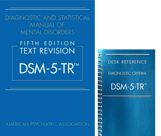 Cover of DSM-5-TR fifth edition text revision and spiral desk reference on diagnostic criteria