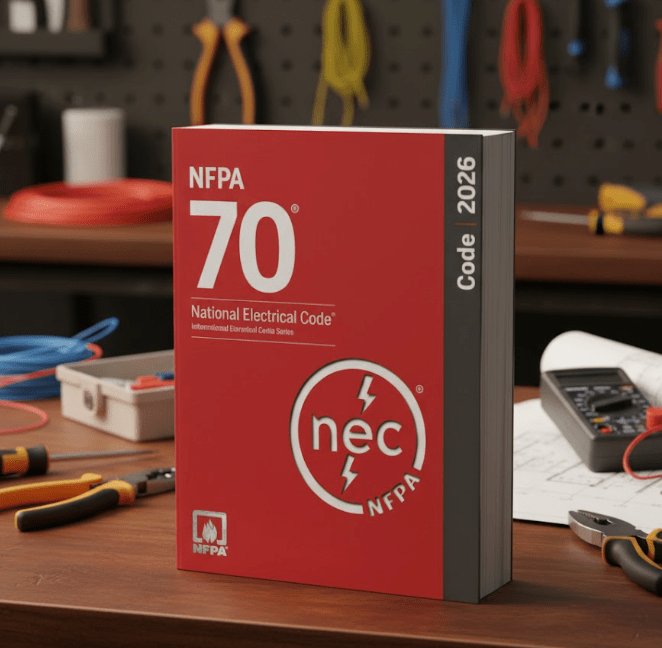 NFPA 70 National Electrical Code 2026 book on workbench with electrical tools and wires