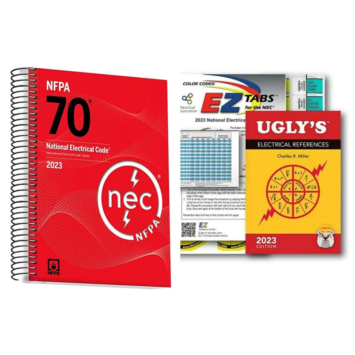 2023 NFPA 70 National Electrical Code spiral-bound book with color-coded EZ Tabs and Ugly's Electrical References guide
