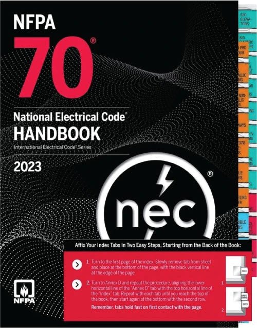Cover of NFPA 70 National Electrical Code Handbook 2023 edition with colorful index tabs and NEC logo on black background